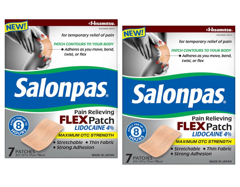 سالون باس رقعة مرنة لتخفيف الألم المؤقت من Salonpas مع يدوكائين 4%، أقصى قوة OTC، نسيج رقيق قابل للتمدد، التصاق قوي، ملامح الجسم، تنطبق لمدة تصل إلى 8 ساعات 7 قيراط (عبوة من قطعتين) - Image 1